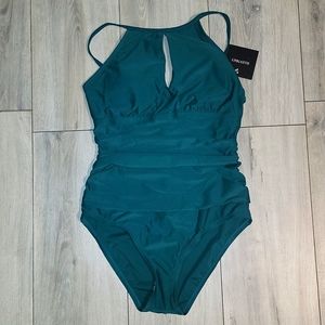 🆕️2023 Ellen Tracy Women's Emerald Green High Neck key hole One Piece Swimsuit